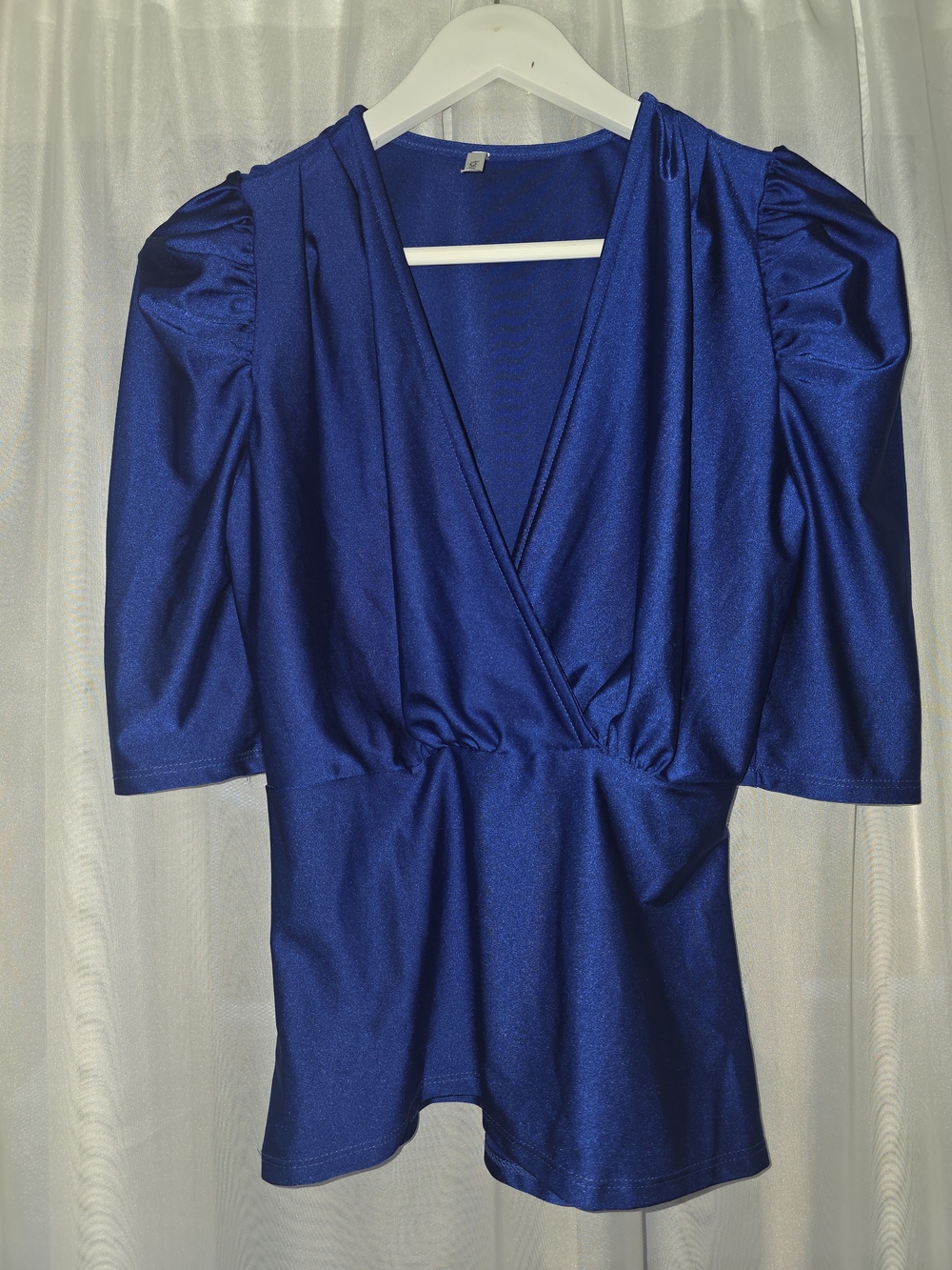 Deep Blue V-Neck Puff Sleeve Women's Top